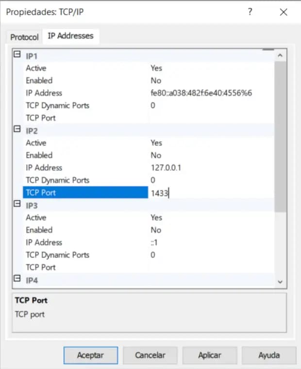 Habilitar protocolo TCP y puerto 1433 en SQL Server